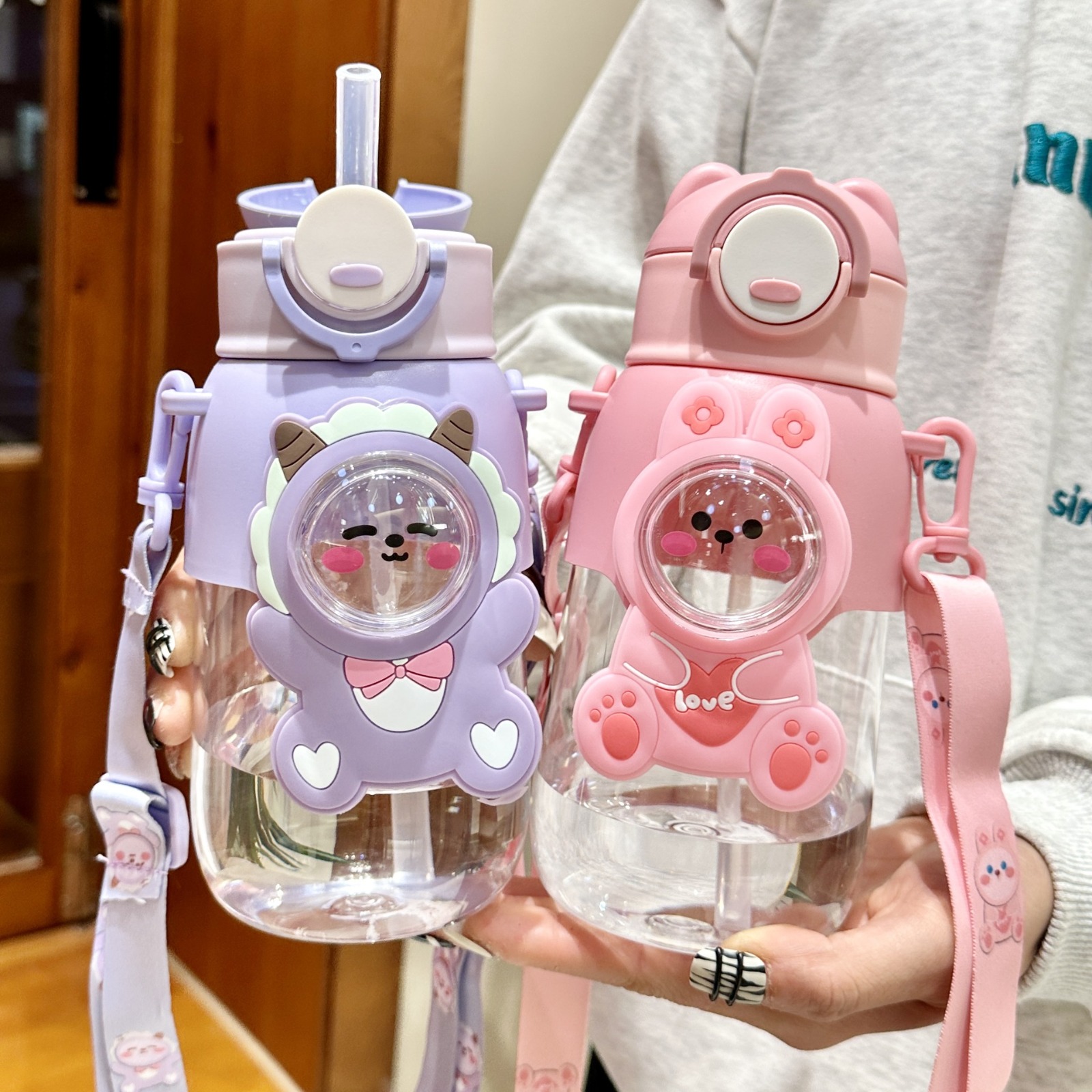 Cute Cartoon Water Bottle with Straw, Leak-Proof Design, Hand Washable, Shoulder Strap (PURPLE)