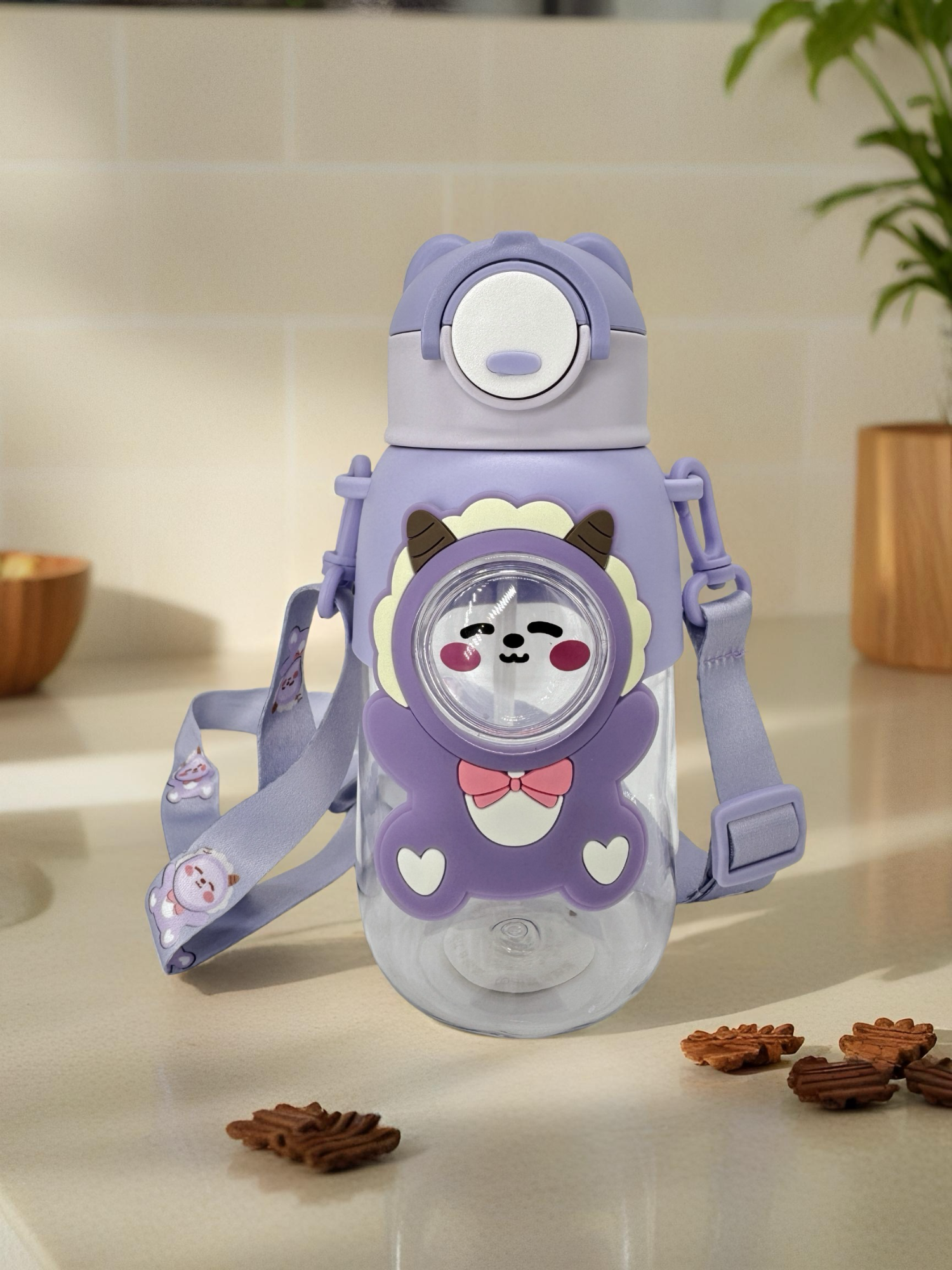 Cute Cartoon Water Bottle with Straw, Leak-Proof Design, Hand Washable, Shoulder Strap (PURPLE)