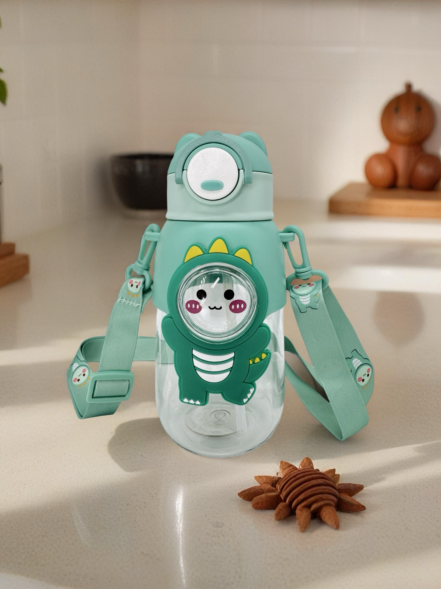 Cute Cartoon Water Bottle with Straw, Leak-Proof Design, Hand Washable, Shoulder Strap (Green)