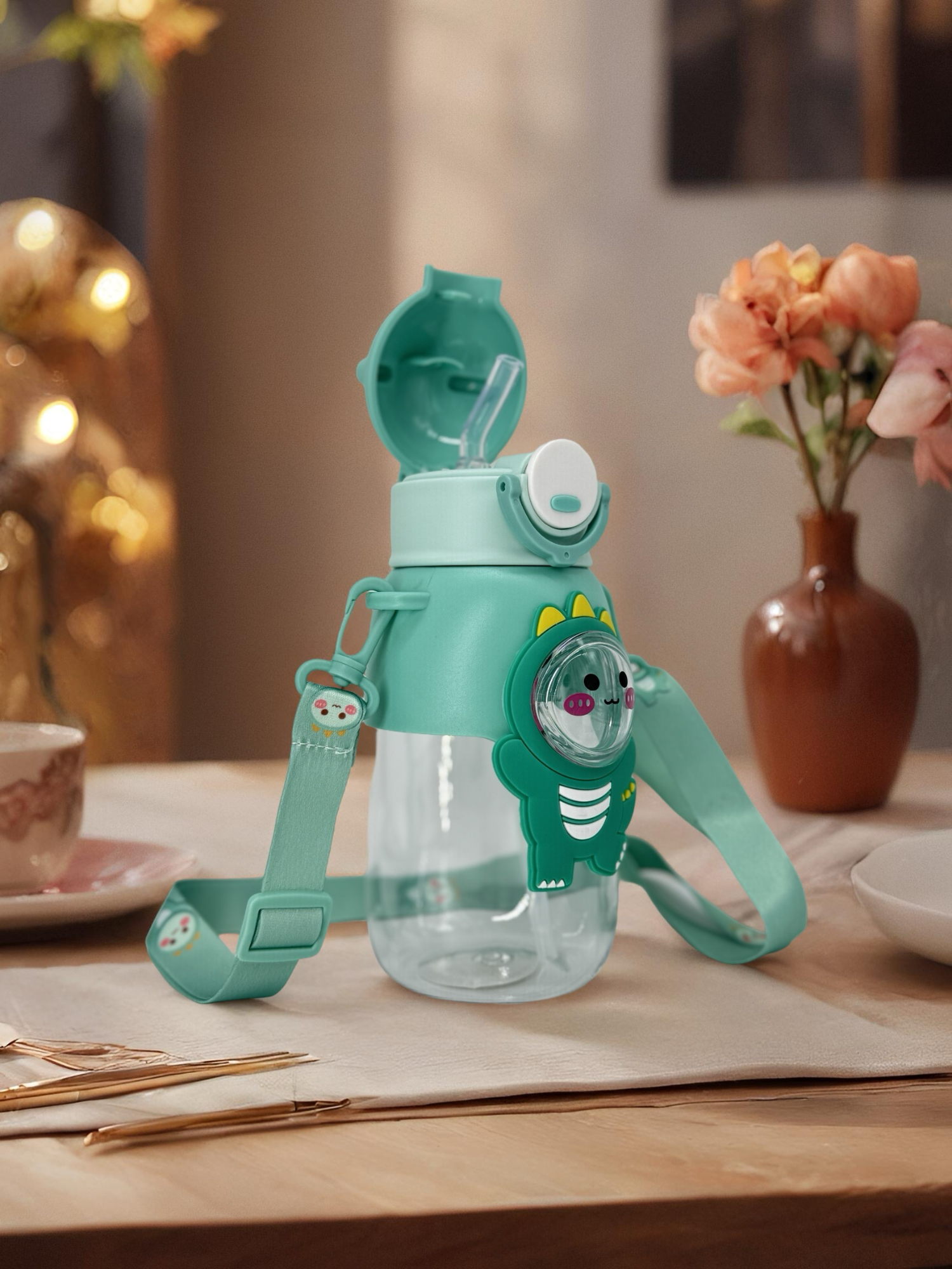 Cute Cartoon Water Bottle with Straw, Leak-Proof Design, Hand Washable, Shoulder Strap (Green)