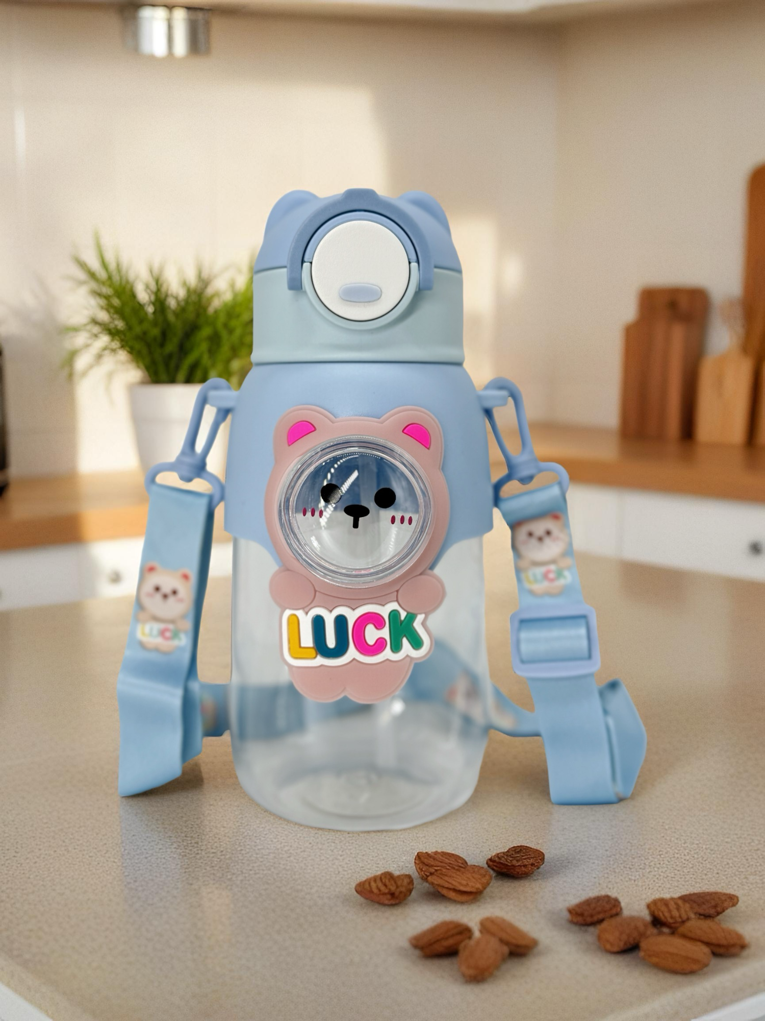 Cute Cartoon Water Bottle with Straw, Leak-Proof Design, Hand Washable, Shoulder Strap (Blue)