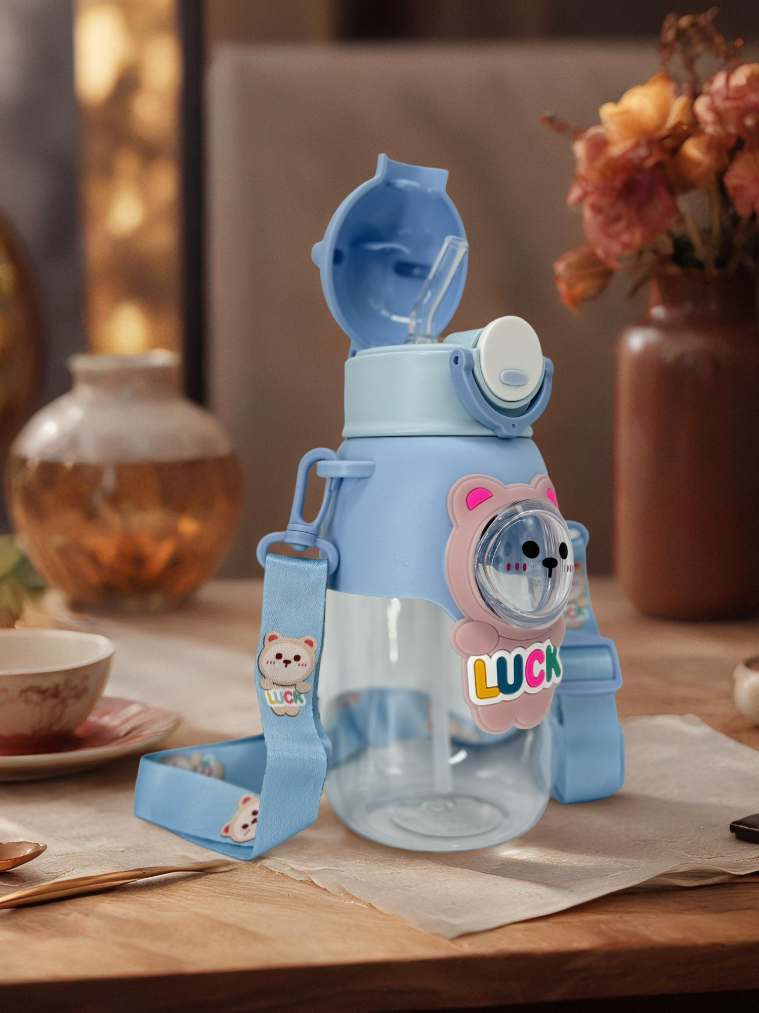 Cute Cartoon Water Bottle with Straw, Leak-Proof Design, Hand Washable, Shoulder Strap (Blue)