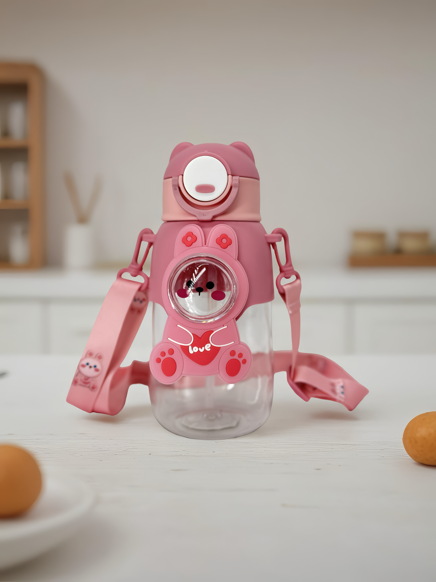 Cute  PINK Cartoon Water Bottle with Straw