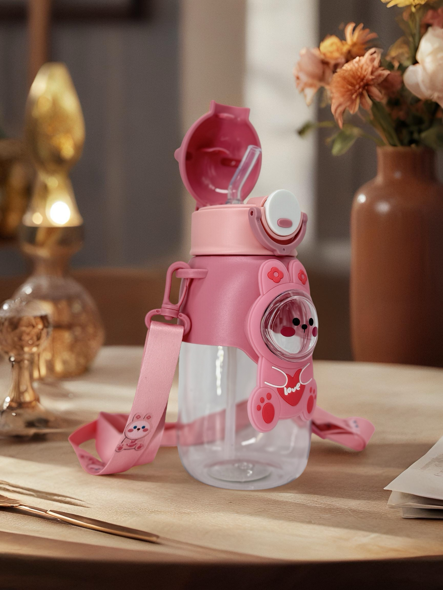 Cute  PINK Cartoon Water Bottle with Straw