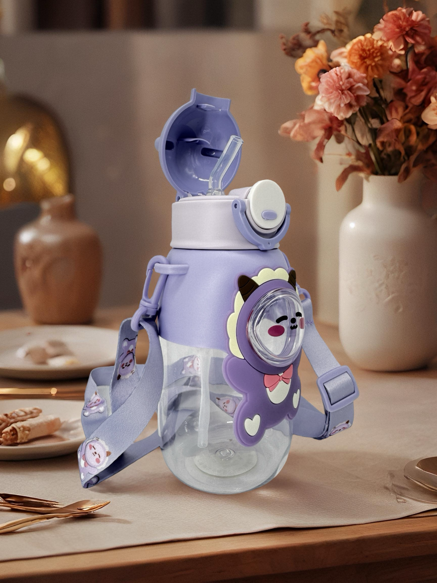 Cute Cartoon Water Bottle with Straw, Leak-Proof Design, Hand Washable, Shoulder Strap (PURPLE)